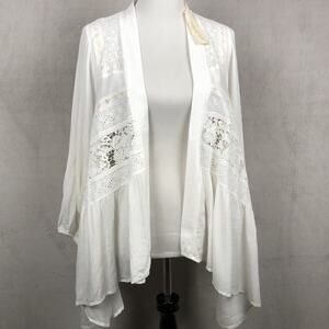 NWT MYSTREE Open Waterfall Cardigan Sz M White Lace Jacket Boho Cottage Feminine